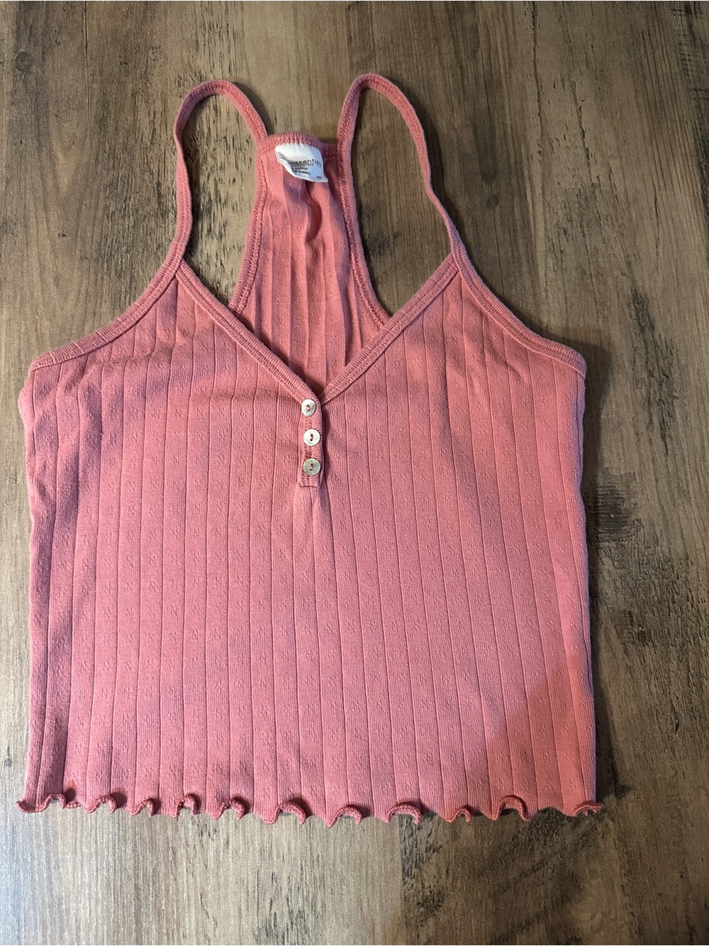 Essentials Pink Ribbed Racerback Crop Tank with Button Front